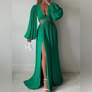 Showpo. Paige Green Cut Out Balloon Sleeve Maxi Dress Wedding Guest Sz 8